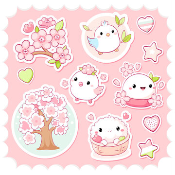 Spring set with cute stickers with sakura flowers, bird, heart in kawaii style. Hanami season collection. Can be used for t-shirt print, poster, badge, tag, sticker, card. Vector illustration EPS8