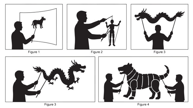 Man controlling shadow puppets on white background for creative storytelling concepts