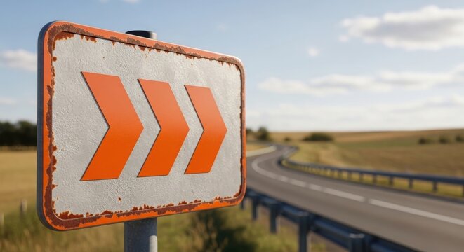 Old weathered road sign indicating a sharp bend ahead