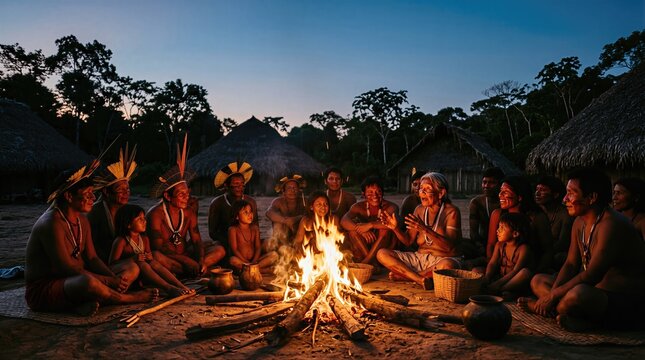 Indigenous community gathering around a campfire at dusk, sharing stories and warmth in a traditional village setting