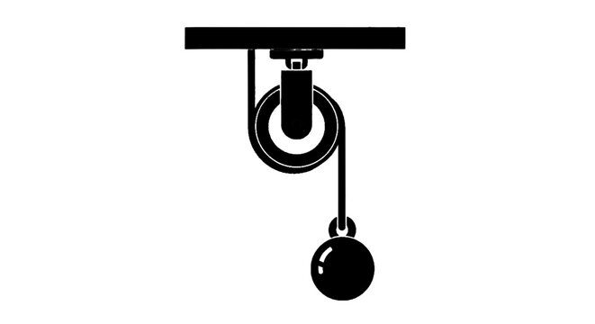 Minimal black silhouette icon, simple flat vector, bold black shape, no, no shading single fixed pulley icon with a hanging weight on a, flat icon style
