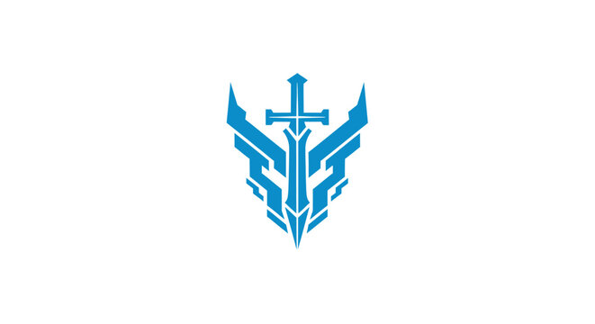 Fantasy blue sword emblem with stylized geometric wings.