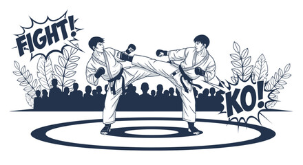 Martial arts competition with two karate fighters on a ring. professional athletes performing combat sports. fight and ko bubbles. © Risje Kfhe