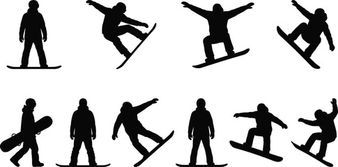 Snowboarder silhouette collection featuring freestyle winter sports action poses isolated on gray background vector illustration © MDRAKIB