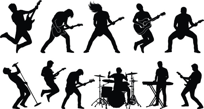 Rock Band Silhouettes Collection with Guitarists Singer Drummer and Keyboard Player Performing Dynamic Live Music Poses