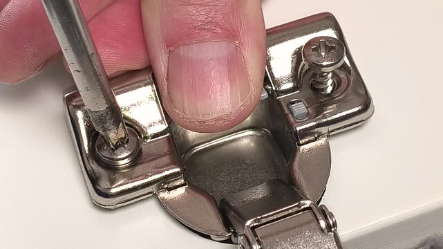 Extreme close-up of a concealed cabinet hinge being tightened with a screwdriver, highlighting furniture assembly, hardware installation, precision adjustment, and maintenance work