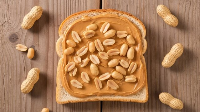 Sliced bread with creamy peanut butter and whole peanuts.