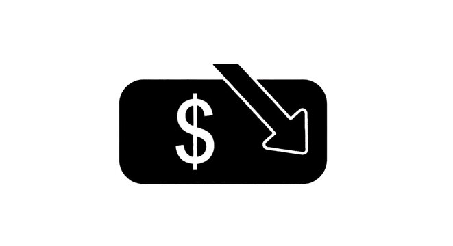 Minimal black silhouette icon, simple flat vector, bold black shape, no, no shading dollar sign icon with a downward arrow representing price reduction or loss on a, flat icon style