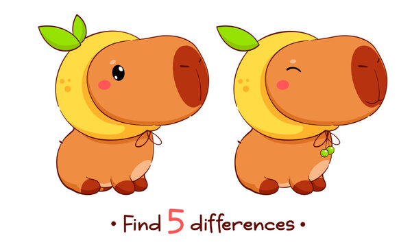 Educational Game for Kids with cute capybara. Find five Differences Activity For Preschool Children. Find 5 differences education game for kids with funny little capybara in hat. Vector illustration E