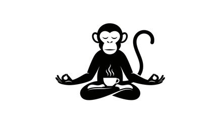 Meditating monkey icon holding steaming coffee cup. © ikk