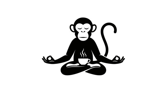 Meditating monkey icon holding steaming coffee cup.