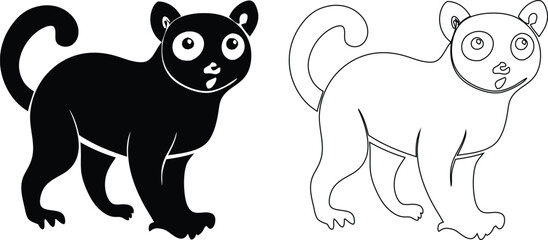Black and white lemur side by side showing solid fill and outline styles animal primate © SilhouetteStore