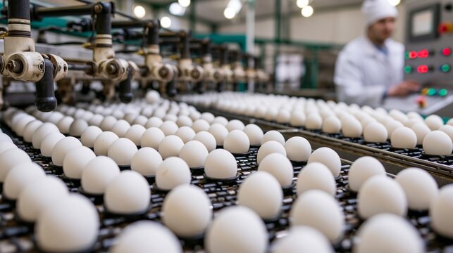 White eggs moving through an automated grading machine sorted by size in a commercial facility.