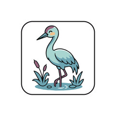 Obraz premium Cute cartoon crane bird walking in water with reeds, vector illustration