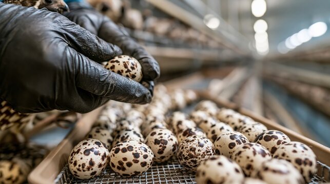 Gloved hands collecting spotted quail eggs into a collection tray in a poultry facility.