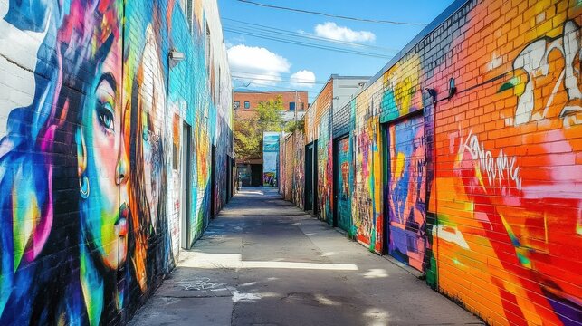 Vibrant street art murals in a city alleyway