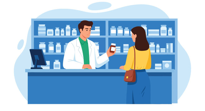 Pharmacist wearing medical coat standing behind pharmacy counter showing medication bottle to female customer inside drugstore with shelves of medicine.