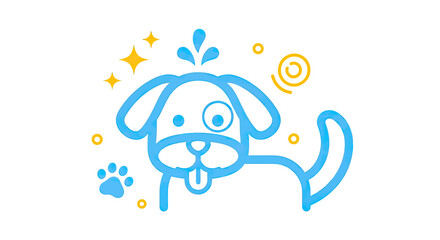 Playful blue puppy dog outline with yellow accents. © ikk
