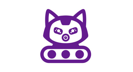 Purple robot cat mascot on tank tracks. © ikk