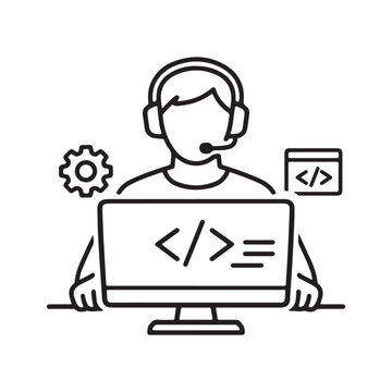 Programmer with headset working on computer coding with gear and code symbols in modern flat line style isolated on white background