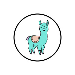 Fototapeta premium Cute Teal Llama Cartoon Character Inside Circle, Vector Illustration