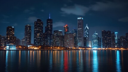 Obraz premium City skyline at night with illuminated skyscrapers and waterfront