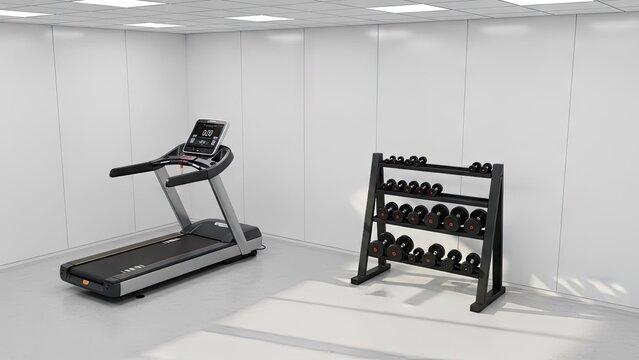 Bright minimalist gym space with treadmill and weights.