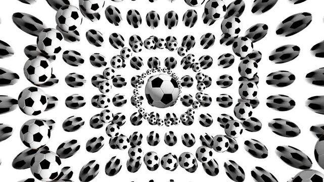 Enjoy soccer with many balls spinning in a circle on a white background