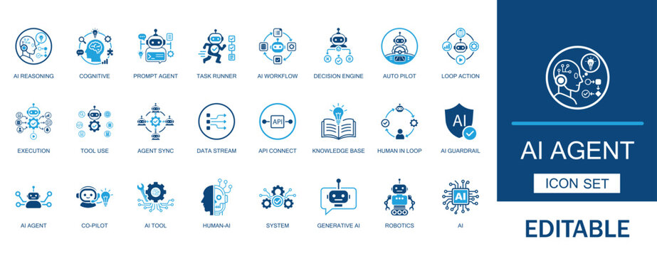 AI agent and autonomous workflow icon set. Features artificial, intelligence, technology, cognitive, computing, robotic, process, automation, and neural network web symbols.