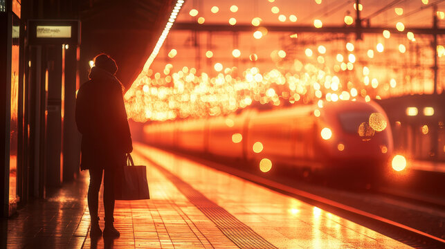 Silhouette at the Train Station Platform in Sunset
