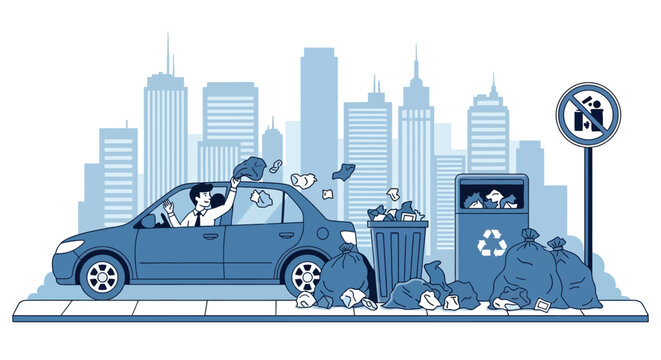 A man in a car throws trash out the window onto a city street where a overflowing bin and bags of garbage are piled up near a no littering sign.