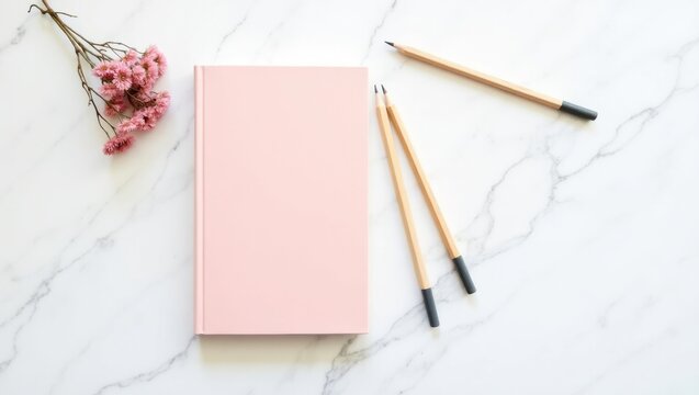 Blank journal with pink cover and pen on white marble table with cherry blossoms
