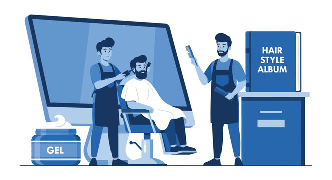 Two male barbers provide a haircut and beard trim for a client in a barbershop, featuring a large screen, hairstyle album, and hair gel.