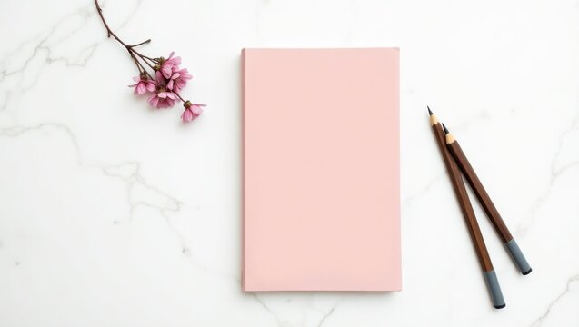 Blank light pink journal with pencils and cherry blossom on white marble surface