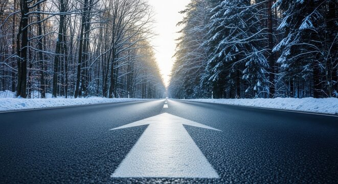 Straight road leading into a winter forest with direction arrow