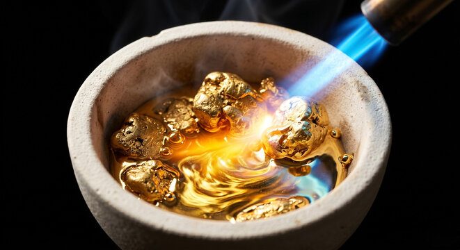 Macro shot of melting raw gold nuggets into liquid in a crucible with a blue blowtorch flame.