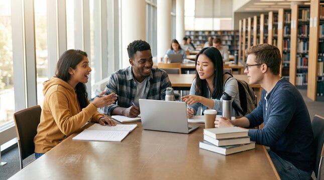 Young diverse students working collaboratively in a contemporary campus library environment