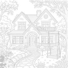 Obraz premium Cozy two-story family house with wrap-around porch, surrounded by trees and shrubs, in a serene residential setting