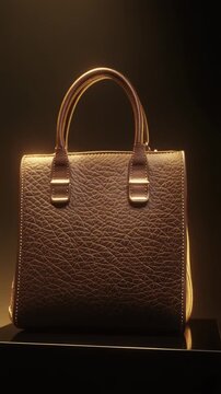 Side view of a premium brown leather handbag showing sleek zipper detail and warm luxury studio lighting.