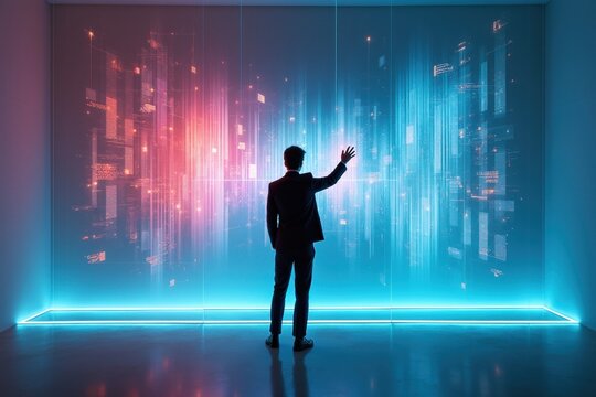 Businessman interacting with futuristic digital data screen in glowing virtual room