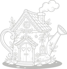 Fototapeta premium Watering can shaped house with floral and geometric patterns, surrounded by blooming flowers and leaves