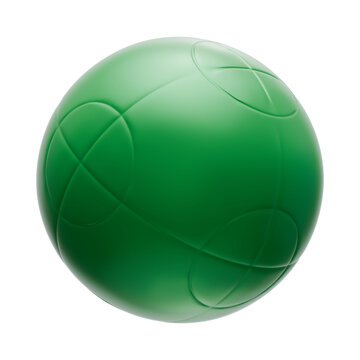 Minimalist 3D rendered bocce ball isolated on a clean white background, featuring smooth green surface details, subtle engraved patterns, and soft studio lighting.