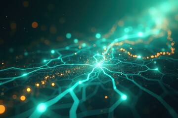 Obraz premium Abstract glowing cyan digital network with connected nodes and golden particles