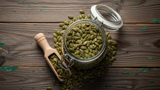 Green pumpkin seeds in jar on dark wooden background.