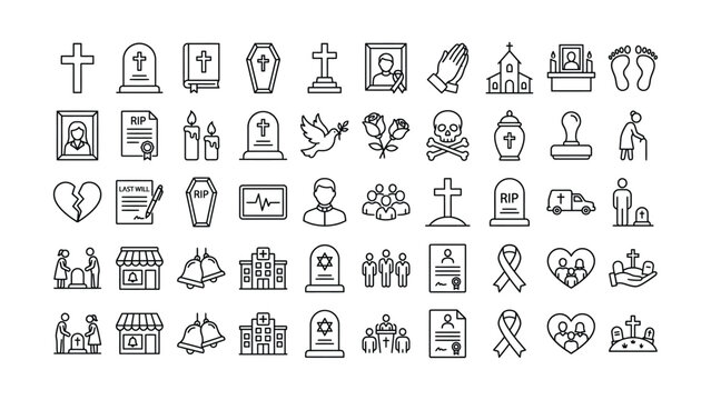 Line style icons related to death mourning and funeral services in black and white colors