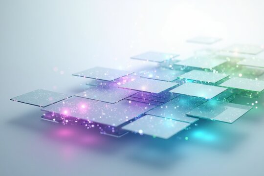 Abstract futuristic technology concept with glowing floating glass square plates