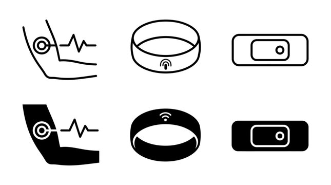 Medical wearable technology icons featuring smart ring wireless health sensor patch and heart rate monitor set