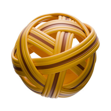 Glossy sepak takraw ball rendered in an intricate woven style with golden and brown interlaced bands, isolated on a light background in a clean modern 3D composition.