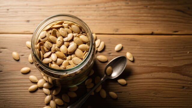 Glass jar filled with toasted pumpkin seeds on wood.