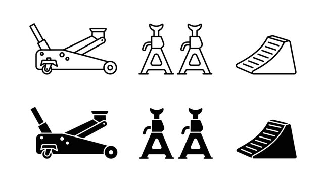 Automotive maintenance equipment icons set with car jack stand and wheel chock block automotive maintenance